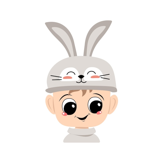 Avatar of boy with big eyes and wide happy smile in cute rabbit hat with long ears. Head of child with joyful face for holiday Easter, New Year or carnival costume for party. Vector flat illustration