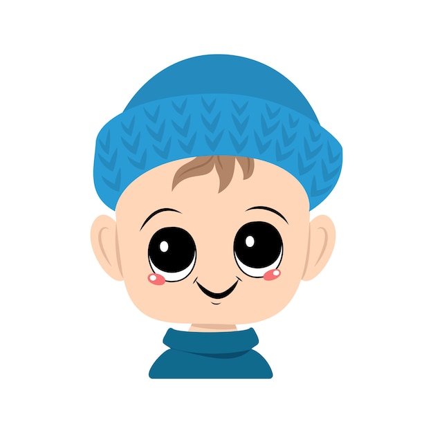 Avatar of a child with big eyes and a wide smile in a blue knitted hat a cute kid with a joyful face...