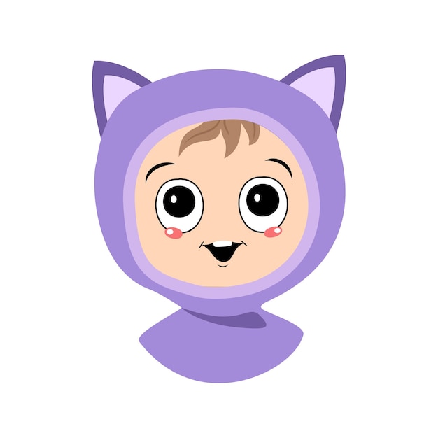 Vector avatar of a child with big eyes and a wide smile in a cat hat a cute kid with a joyful face in an au...