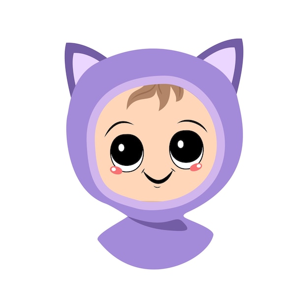 Vector avatar of a child with big eyes and a wide smile in a cat hat a cute kid with a joyful face in an au...