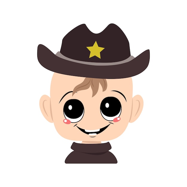 Avatar of a child with big eyes and a wide smile in a sheriff hat with a yellow star. Cute kid with a joyful face in a carnival costume. Head of adorable baby with happy emotions