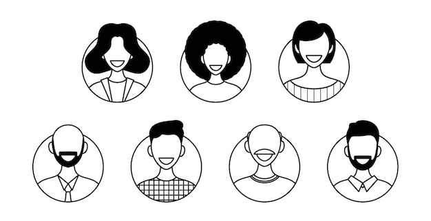 Avatar collection Bundle of different people avatars Male and female characters faces Smiling young men and women Vector illustration in flat line cartoon style