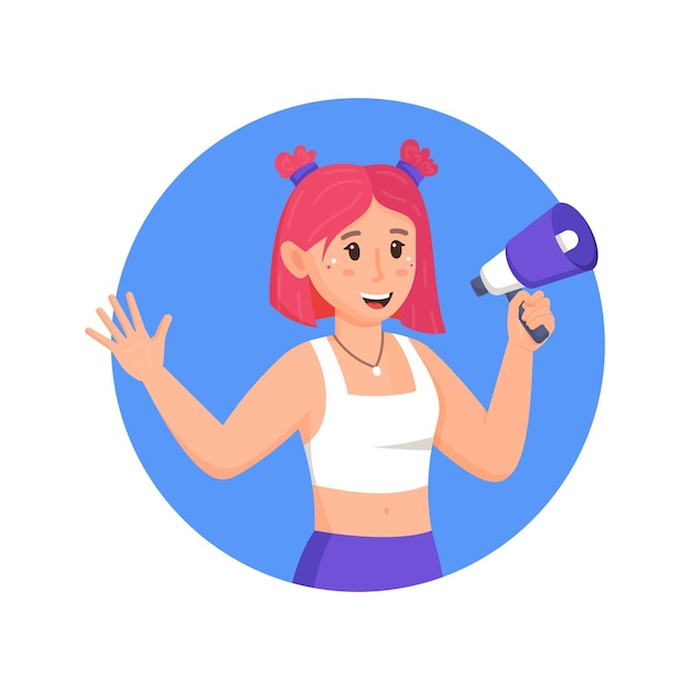 Avatar of a girl blogger Photo for social networks Vector illustration of a girl with pink hair