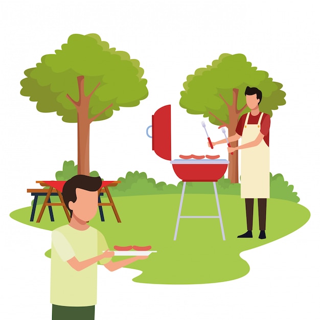 Avatar man and boy in a bbq grill and picnic