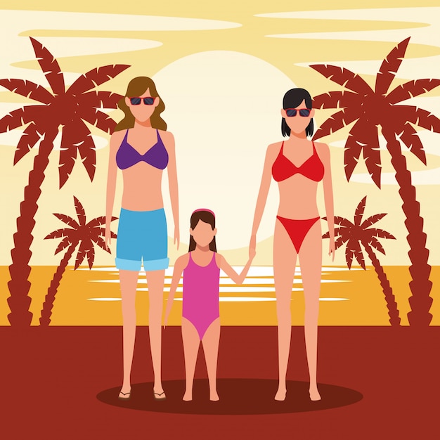 Avatar women and little girl wearing swimsuits at the beach