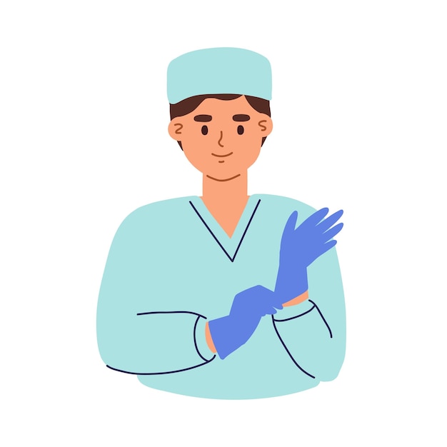 Avatar of young smiling doctor putting on gloves. Portrait of friendly surgeon in medical scrubs and cap. Flat vector illustration of medic worker or practitioner isolated on white background.