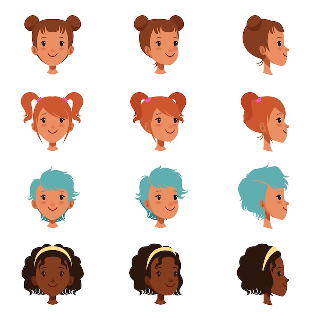 Avatars of female faces with different haircuts and hairstyles