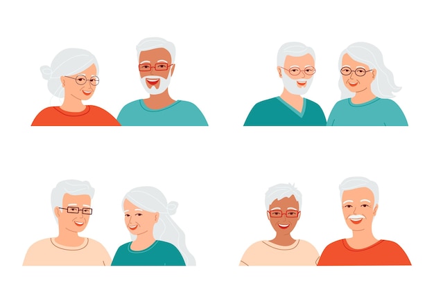 Avatars of smiling gray haired senior couples people