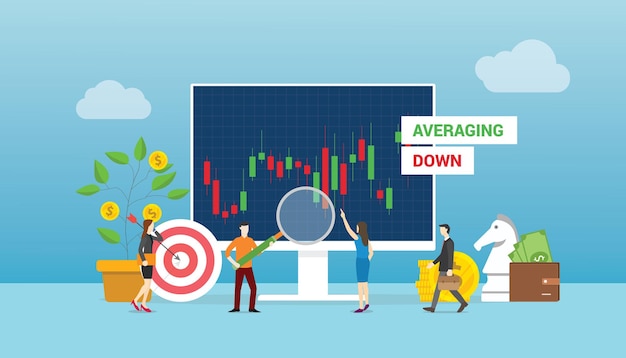 Averaging down stock concept with team people working on stocks market graph and chart