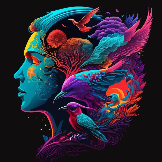 Vector avian transformation human portrait fused with bird elements in vector