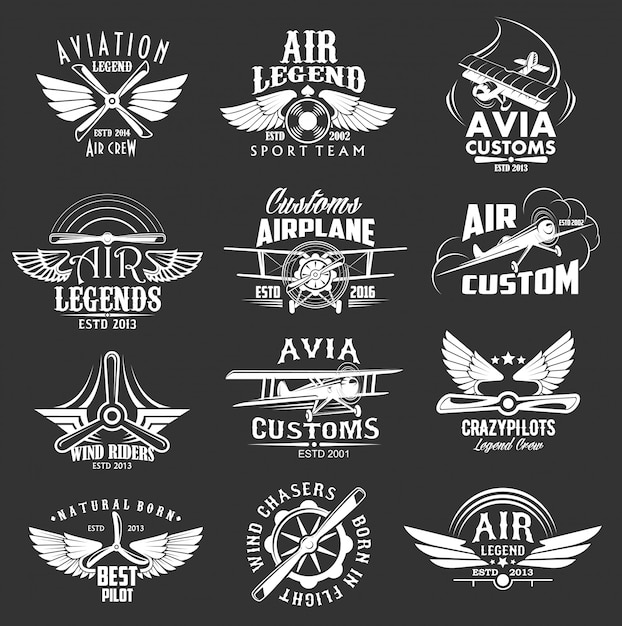 Aviation heraldic icons, isolated  labels