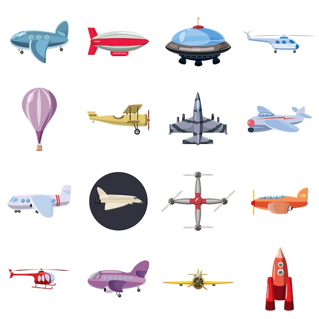 Aviation icons set, cartoon style