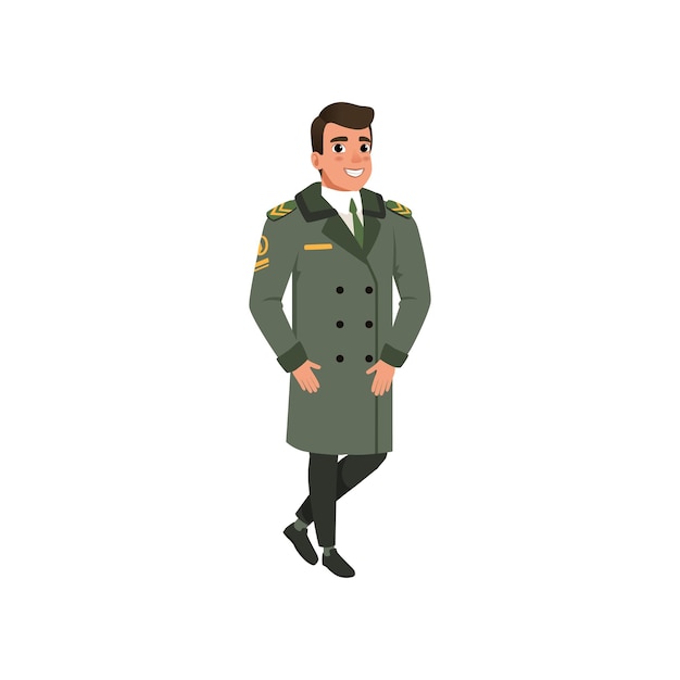 Vector aviation officer in green coat with rank stripes cartoon character of army pilot colorful flat