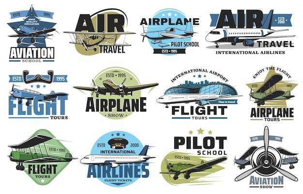 Aviation show and airline flight tours icons set. Airplane pilot school, airport flights and air travel emblem or badge.