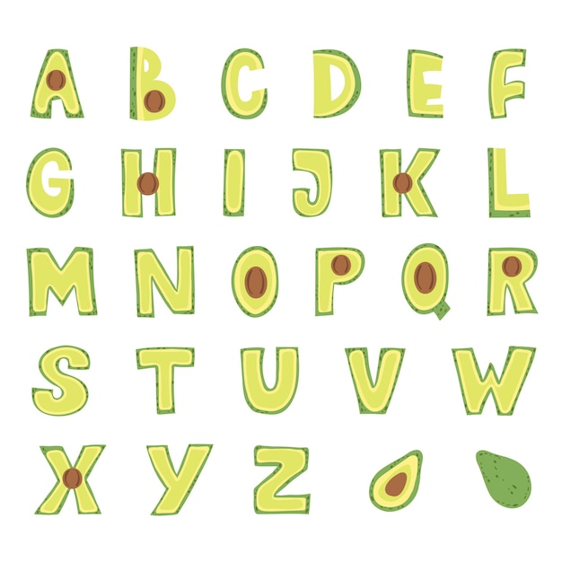 Avocado Alphabet design. Capital letters. 