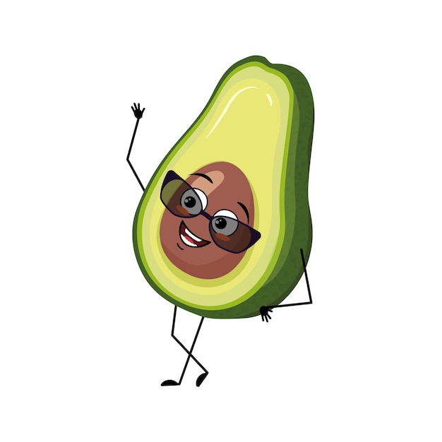 Avocado character with happy emotion with glasses, joyful face, smile eyes, arms and legs. Person with expression, vegetable or fruit emoticon. Vector flat illustration