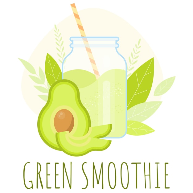 Avocado green smoothie in glass jar Detox healthy diet food Vector concept