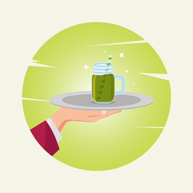 Avocado juice in jar on tray in hand vector illustration