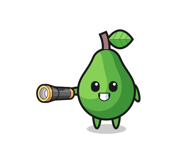 Avocado mascot holding flashlight cute design