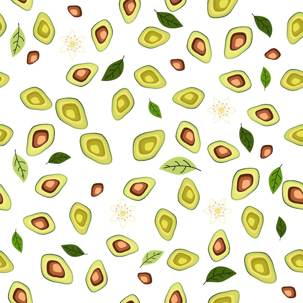 Avocado seamless pattern Whole and sliced avocado with leaves and flowers