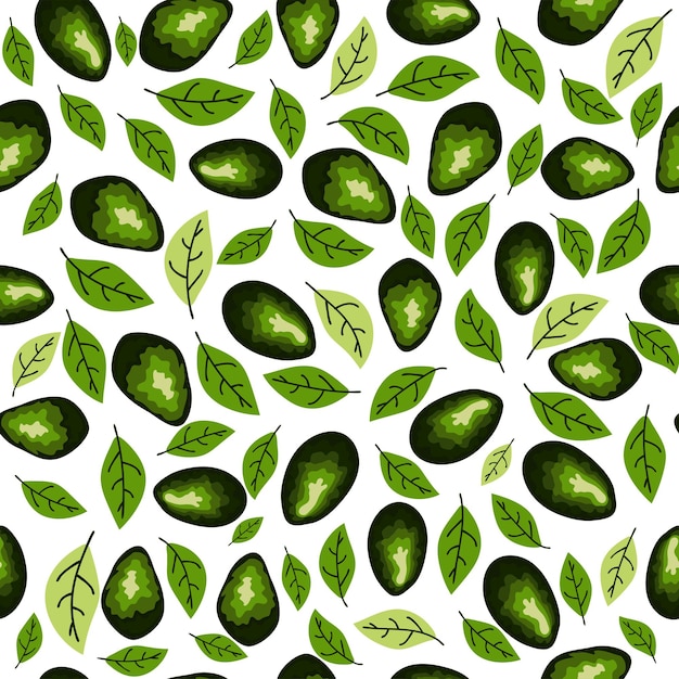 Avocado seamless pattern Whole and sliced avocado with leaves and flowers