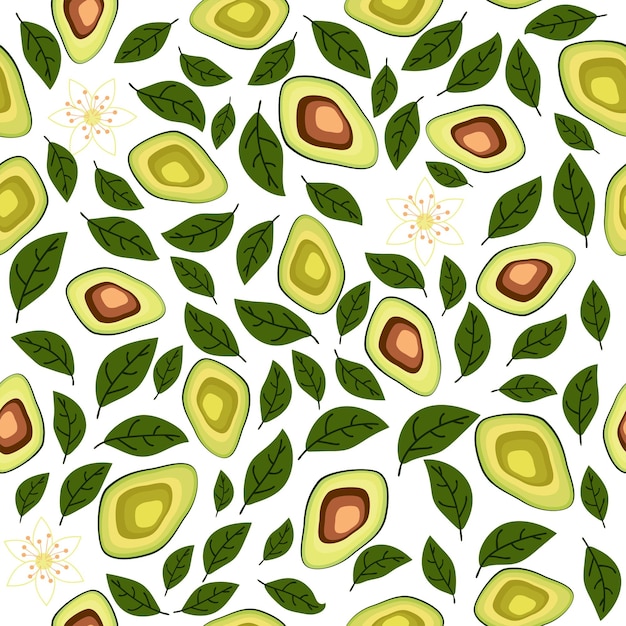 Avocado seamless pattern Whole and sliced avocado with leaves and flowers