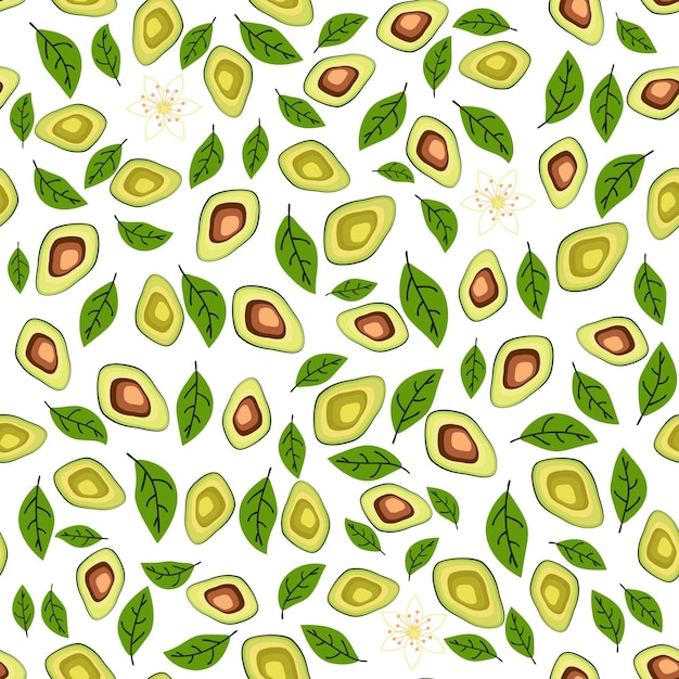 Avocado seamless pattern Whole and sliced avocado with leaves and flowers