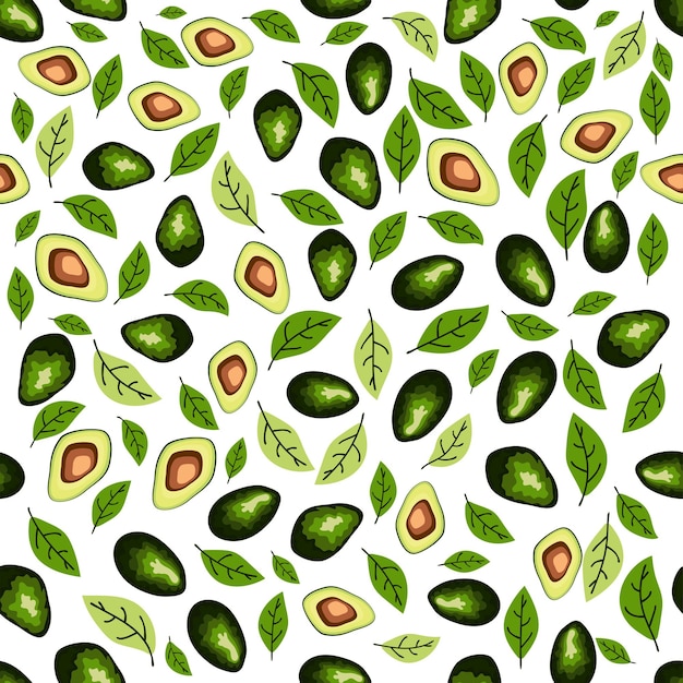 Avocado seamless pattern Whole and sliced avocado with leaves and flowers