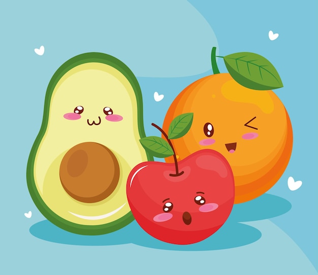 Avocado with tomato and orange food kawaii characters