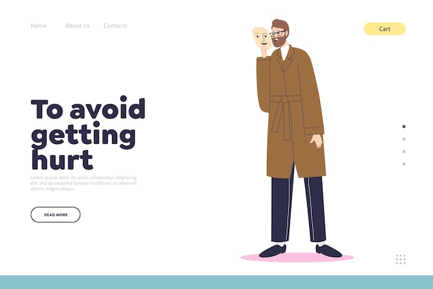 Avoid getting hurt concept of landing page with unhappy man putting on social face mask