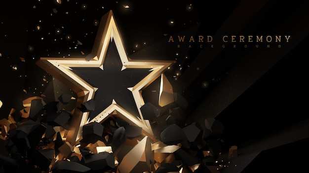 Award ceremony background with 3d gold star element and stone decoration with glitter light effect