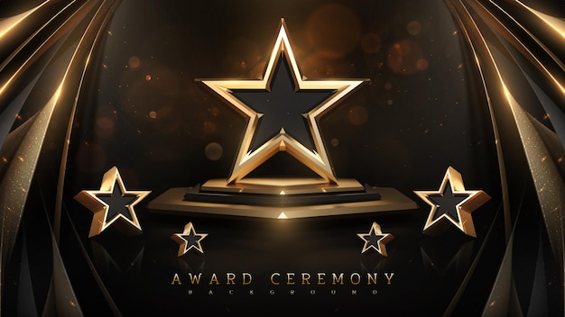 Award ceremony background with 3d gold star and ribbon element and glitter light effect decoration