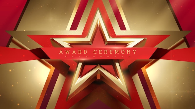 Award ceremony background with 3d gold star with red ribbon decoration with light effect elements