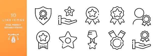 Award flat icons set Editable stroke hand star distinction leadership trophy champion leader winner favorite competition respect best award success concept Vector black line icons