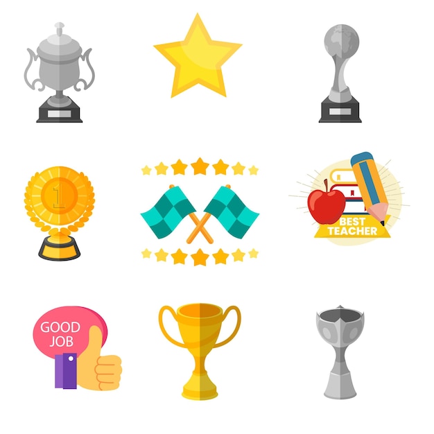 Award trophy cup and medal flat icon set color illustration