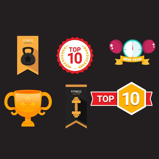 Vector award trophy cup and medal flat icon set color illustration