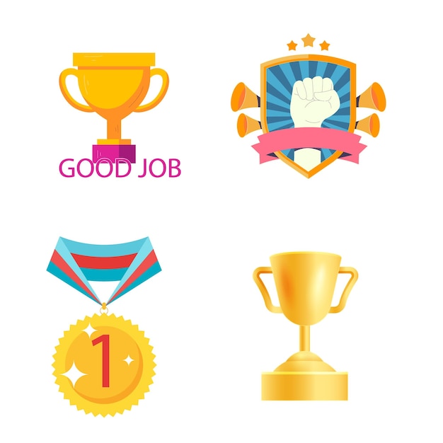 Award trophy cup and medal flat icon set color illustration