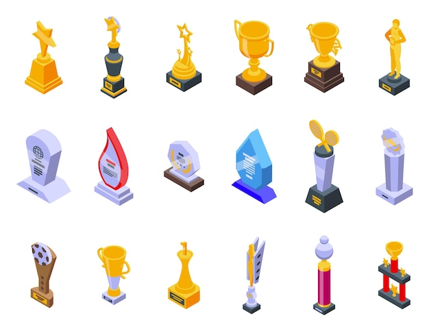 Award trophy icons set isometric vector Goblet cup