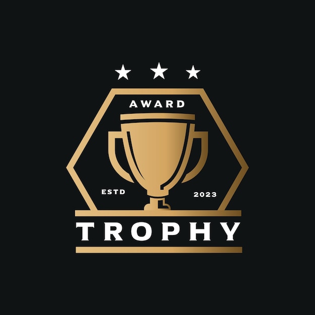 Vector award trophy logo with elegant design of gold colored trophy in hexagon