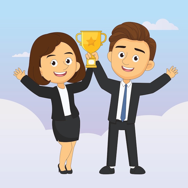 Award winning business company man and woman holding trophy