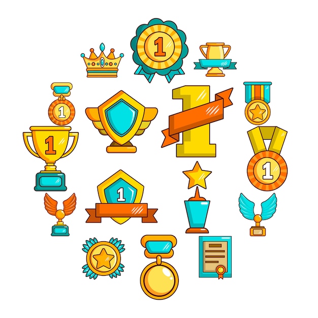 Awards medals cups icon set, simple style