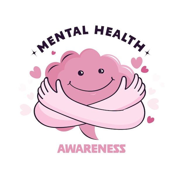 Vector awareness mental health day concept with smiley brain and crossed hands as hug on white background