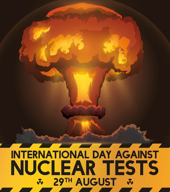 Awareness yellow ribbon with a destructive mushroom cloud during Day Against Nuclear Tests