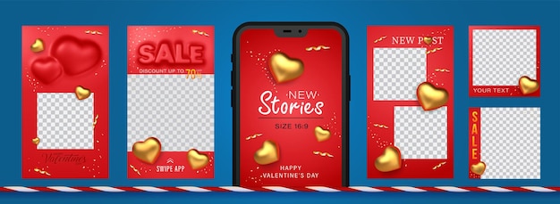 Awesome Stories set for social media with convex sale word and golden hearts for New post