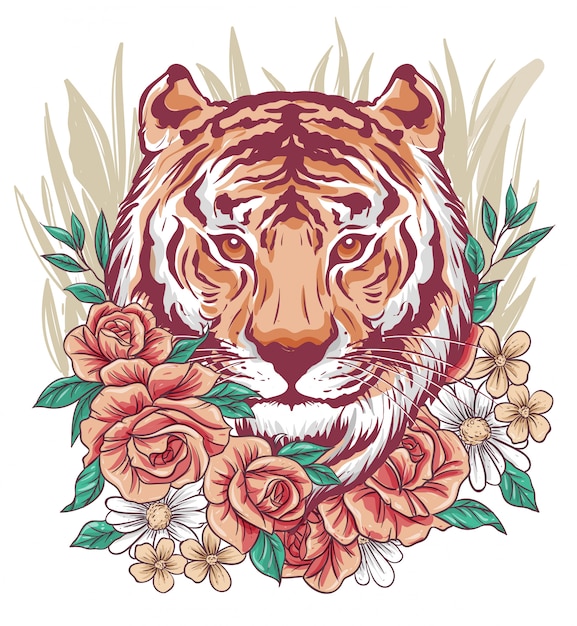 awesome tiger face mixed with flowers