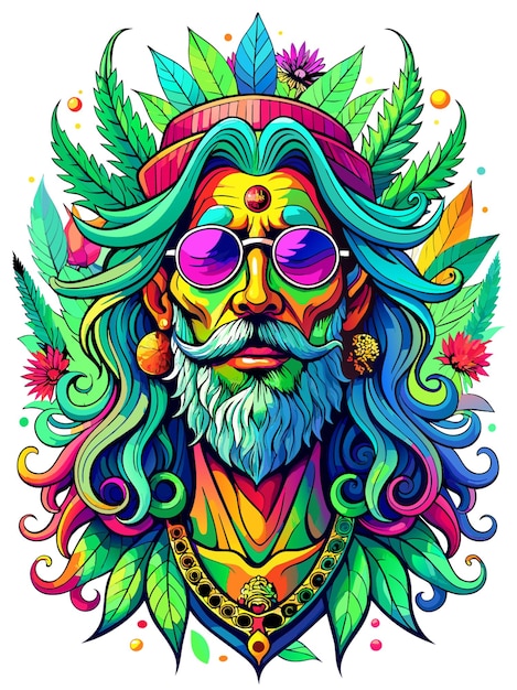 awesome tshirt print design cannabis with 80s hippie with sunglasses weed bud smoke intricate