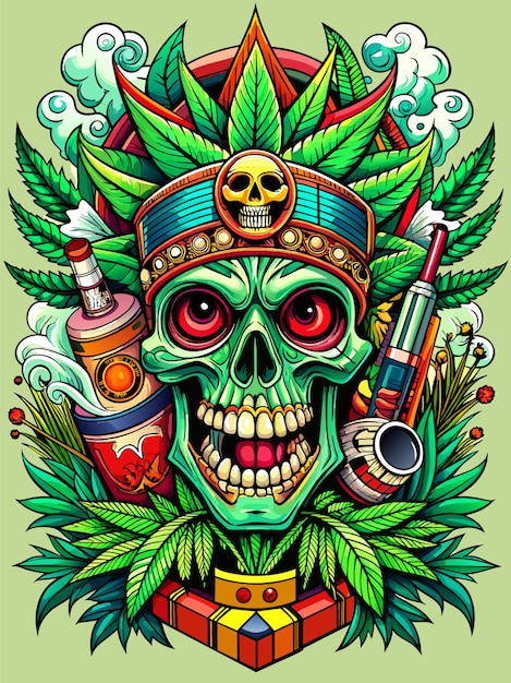 awesome tshirt print design weed with skull cigarettes paper cannabis bud beer money intricate