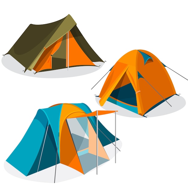 Awning tents isolated on white background. Realistic  illustration of tourist camping tents icons collection. Hiking pavilions of triangle and dome design in green, blue, yellow colors.