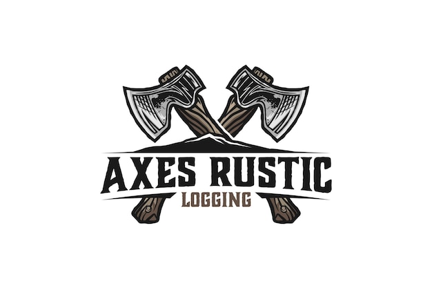 Axes rustic wood work logging logo axe design carpenter badge emblem style mountain forest logging