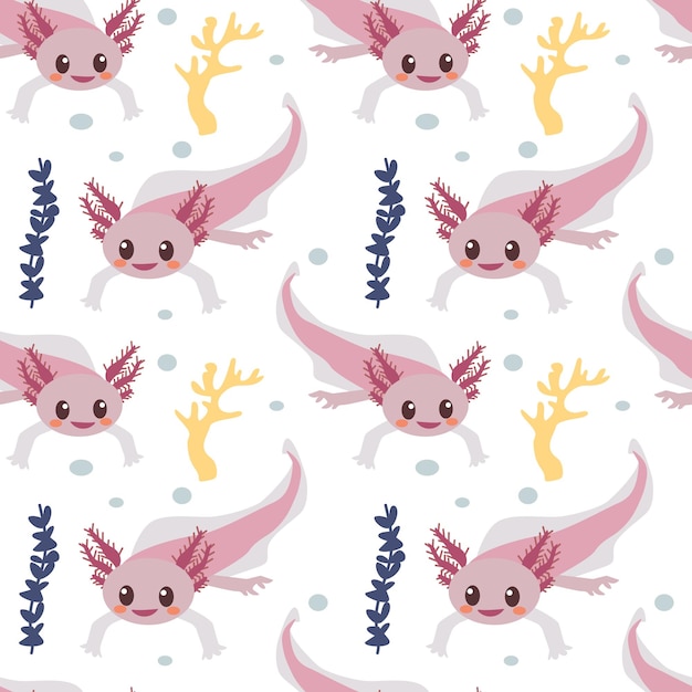 Axolotl seamless pattern with underwater elements Hand drawn funny animal vector